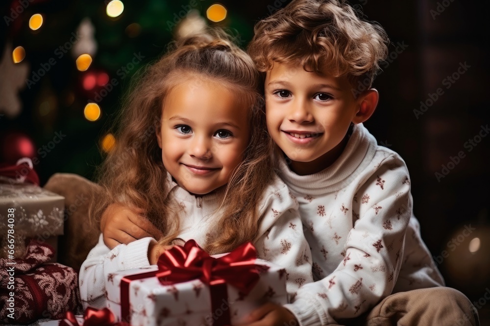 Portrait of beautiful children: boy and girl in pajamas near Christmas tree