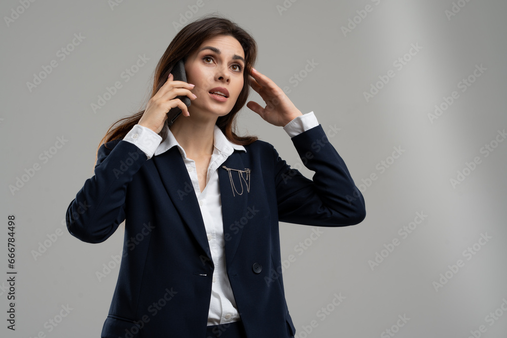 Brunette hair woman worker of customer support calling ask client why he declined payment. Businesswoman talk to phone and thinking about her problem solving. Entrepreneur explaining details for Brunette hair woman worker of customer support calling ask client why he declined payment. Businesswoman talk to phone and thinking about her problem solving. Entrepreneur explaining details for