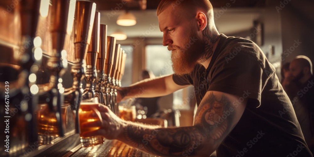 A Bar Employee Expertly Pouring Beer from the Tap, Showcasing the Artistry of Bartender Skill in Delivering Fresh Draught Beer in a Lively Pub Atmosphere