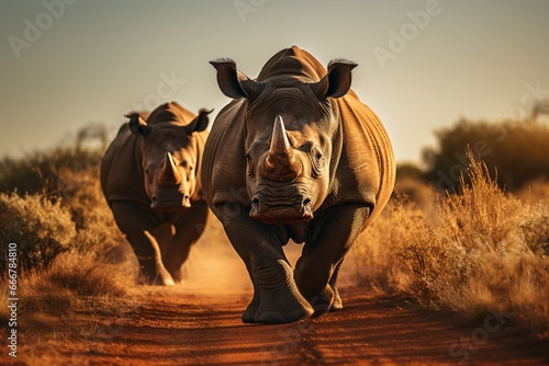 three big african rhinos in the sunset, big five wildlife safari