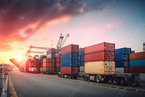 Shipping containers in sea port on sunse. Logistics concept. Freight shipping. Warehouse, container shipping in dock.. Import export, Goods Delivery, Cargo transportation. Ai Generative 