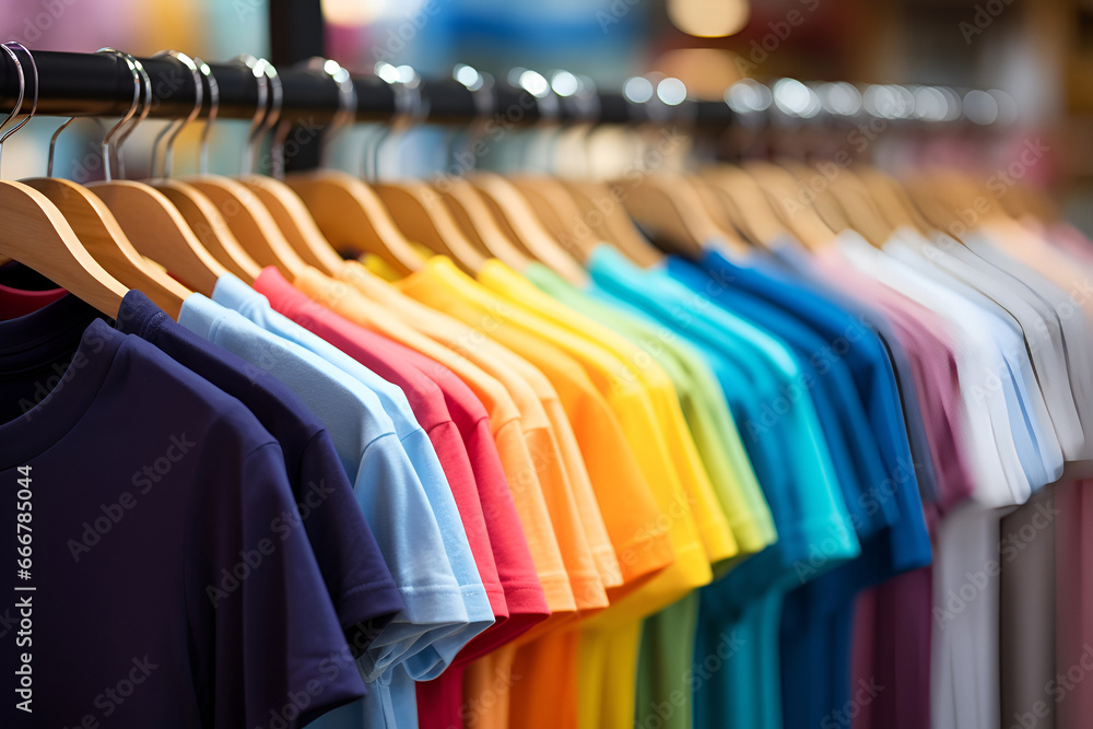 Fototapeta premium Close up of Colorful t-shirts on hangers, apparel background