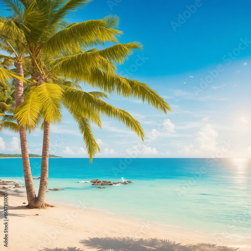 Unspoiled sandy beach with palm trees and azure ocean in the background © A_A88