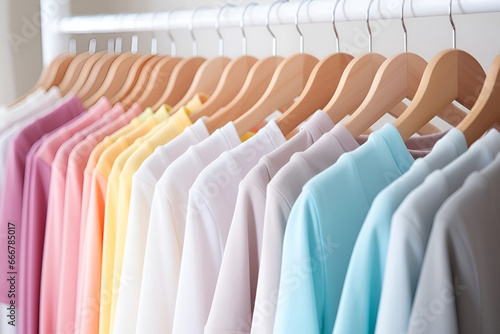 Close up of Colorful t-shirts on hangers, apparel cloth background