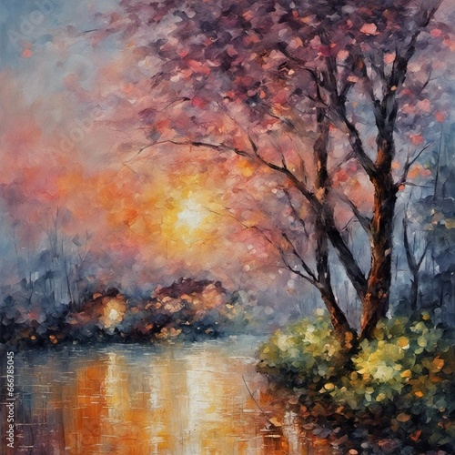 beautiful romantic night painting, impressionism, detailed, high resolution