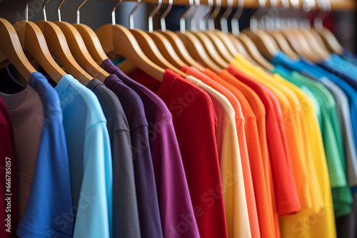 Close up collection of colorful rainbow t-shirts hanging on wooden clothes hanger