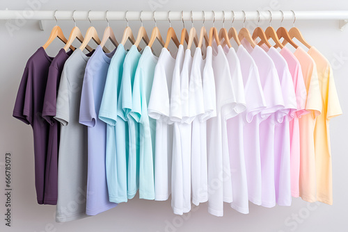 Plain t-shirts of different pastel colors hanging on wooden clothes hanger © Olivia