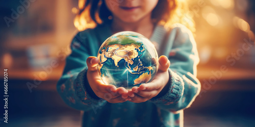Child holding in hands a sphere of the planet Earth.