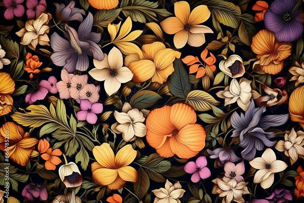 Background with flowers, floral design, from a top perspective. Generative AI