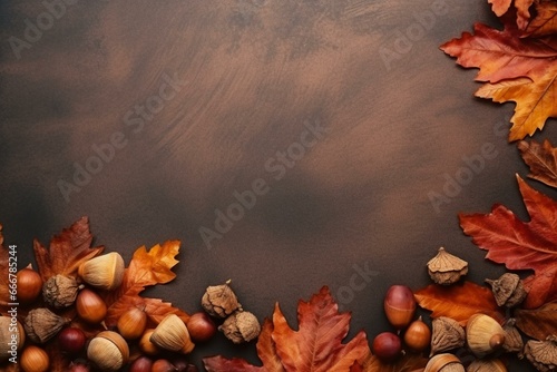 Autumn scene with objects laid flat on a surface and empty space for text. Generative AI