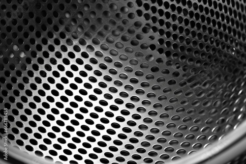 Textured metal with holes, reflective chrome surface, circular grid pattern. Gray perforated background for industrial technology. Generative AI