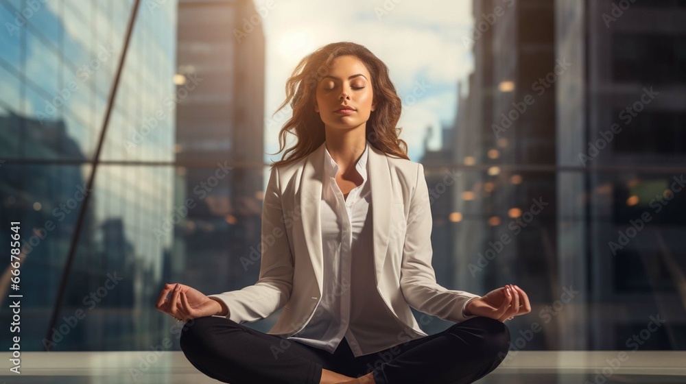 Business woman is meditating to relieve stress of busy corporate life  - obrazy, fototapety, plakaty 