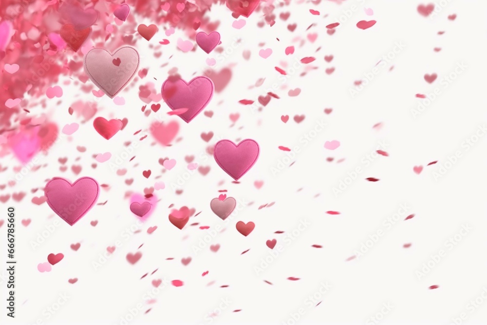 Pink hearts raining down, blurred confetti isolated on transparent background. Generative AI