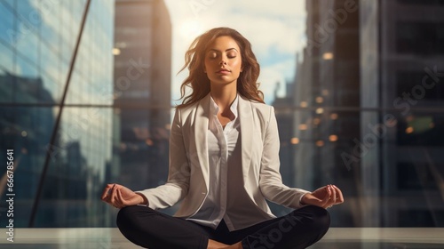 Business woman is meditating to relieve stress of busy corporate life  photo