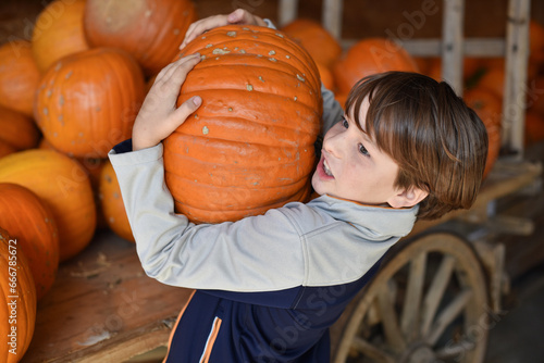 Little boy holding a huge pumpkin