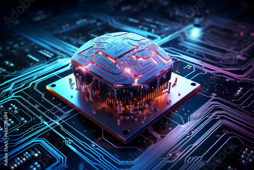 AI Chipset Melds with Human Brain on Computer Circuit Board for Futuristic AI and Deep Learning Tech Background. Ai CPU concept