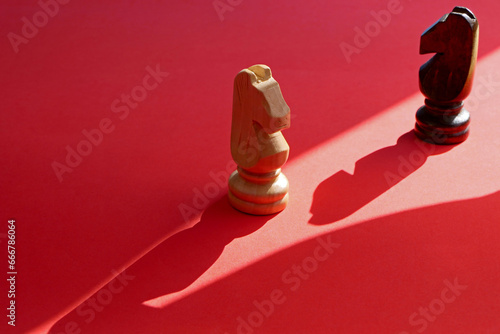 A chess piece and its shadow on a red background. Knight in Chess