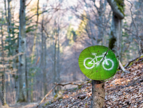 A bike trail sign painted on a tree stump in the forest. Mountain bike path.
