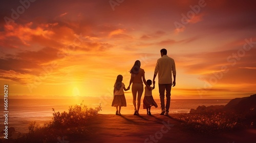 Happy family  mother  father  children son and daughter on sunset