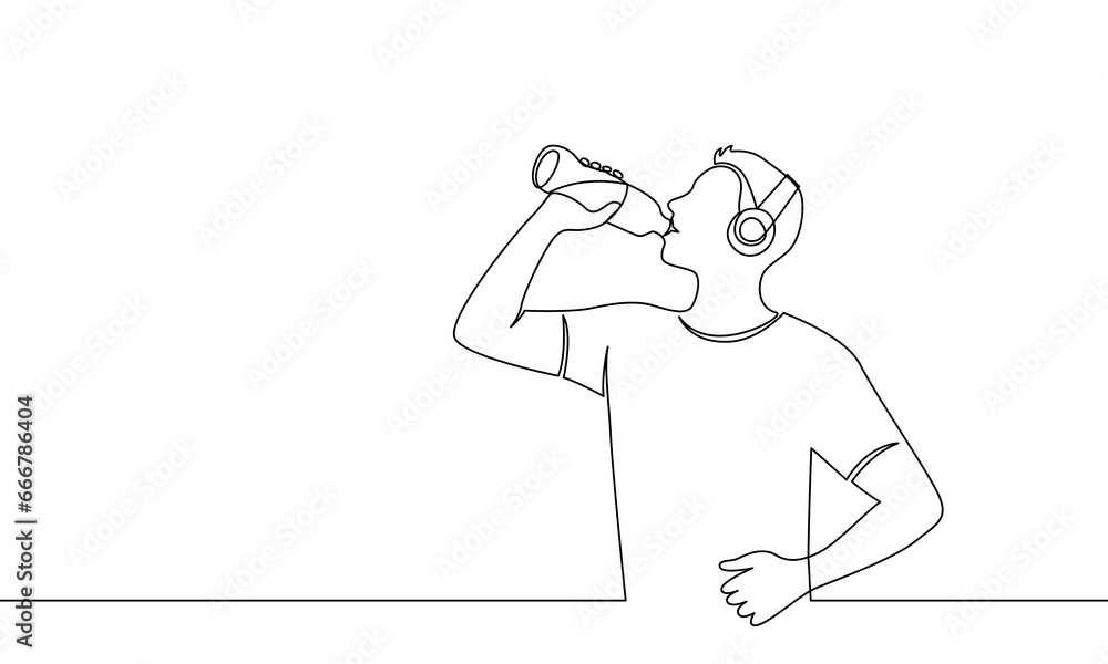 Continuous line drawing of a man drinking water from a bottle. One line contour concept of a healthy lifestyle. Vector illustration Continuous line drawing of a man drinking water from a bottle. One line contour concept of a healthy lifestyle. Vector illustration