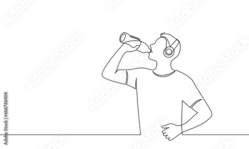 Continuous line drawing of a man drinking water from a bottle. One line contour concept of a healthy lifestyle. Vector illustration