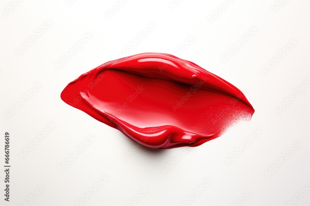 Red lipstick smear. Sample of a red lipstick smear on a white background. Creamy makeup texture. A sample of a bright red cosmetic product brushstroke. Brush stroke swipe. Macro. Red lipstick smear. Sample of a red lipstick smear on a white background. Creamy makeup texture. A sample of a bright red cosmetic product brushstroke. Brush stroke swipe. Macro.