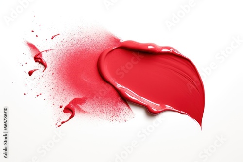 Red lipstick smear. Sample of a red lipstick smear on a white background. Creamy makeup texture. A sample of a bright red cosmetic product brushstroke. Brush stroke swipe. Beauty.