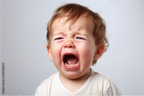 Close up portrait of a cute little boy kid crying and screaming. Isolated on a white background. A white Caucasian child with light hair. Strong emotions of despair, pain, and resentment