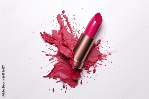 Bright pink magenta lipstick in a splatter, splashes and droplets of a broken lipstick texture. Isolated on a white background. Close up. Fashion and style. Beauty. Template for a cosmetics catalog. photo