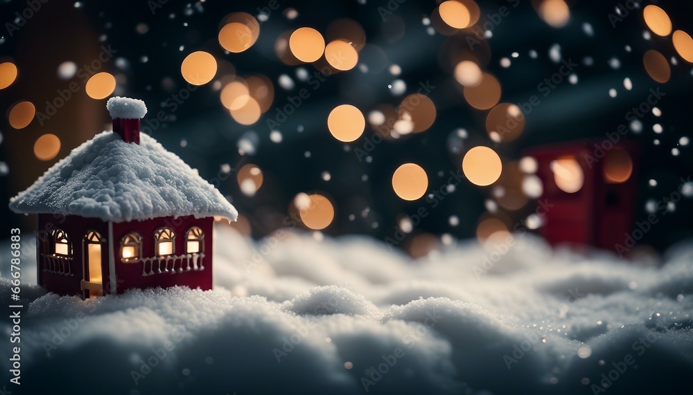 Celebrate merry christmas in winter, with snow, tree and house around Celebrate merry christmas in winter, with snow, tree and house around