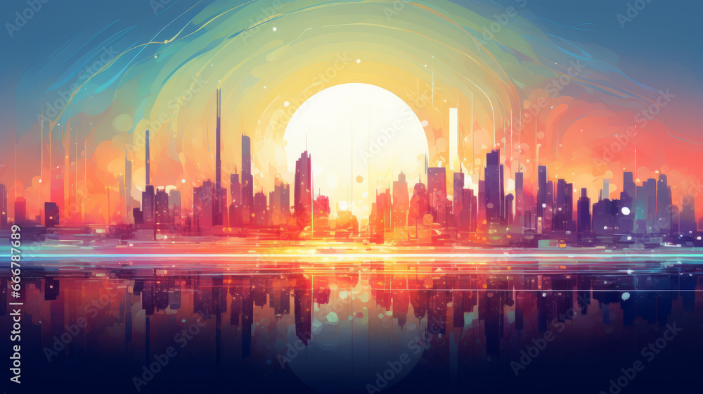 An urban landscape with a vibrant sunset in the backdrop