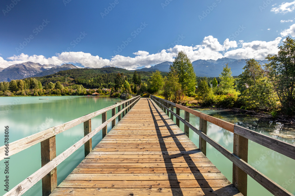 The Whistler Green Lake Promenade is a boardwalk over the green glacier water of Green Lake in the village of Whistler in British Columbia, Canada.