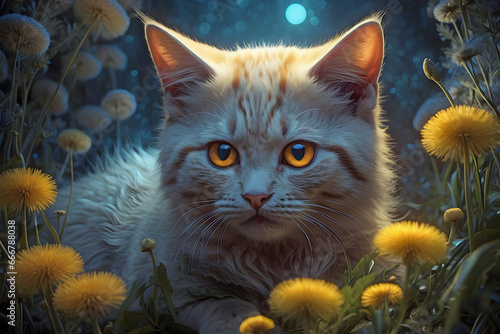 Beautiful Cat with Yellow Eyes Poised Amongs the Dandelions in a Colorful Field 001 Generative AI photo