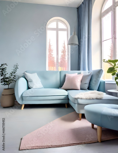 Pastel blue sofa against window. Scandinavian home interior design of modern living room.