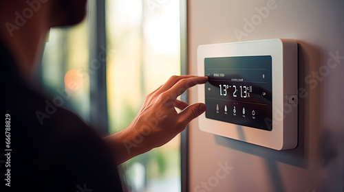 close-up of a hand setting the temperature on the thermostat photo