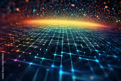 Abstract digital scenery of dots and lines forming a cyberspace grid. Suitable for design backgrounds. 3D. Generative AI