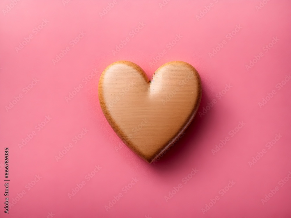Wooden heart on pink background, top view