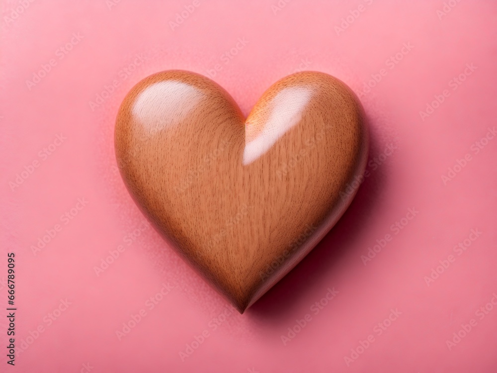 Wooden heart on pink background, top view Wooden heart on pink background, top view