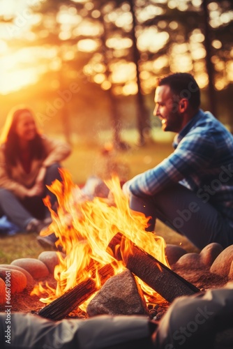 Joyous group of millennials laughing and bonding around a campfire