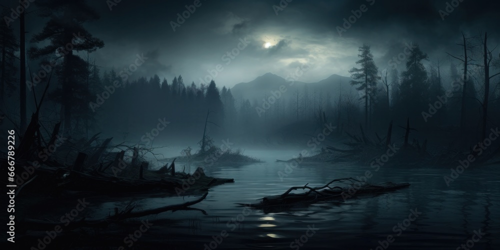 cinematic scene of a forest at a lake in the morning hours with mistic fog. 
