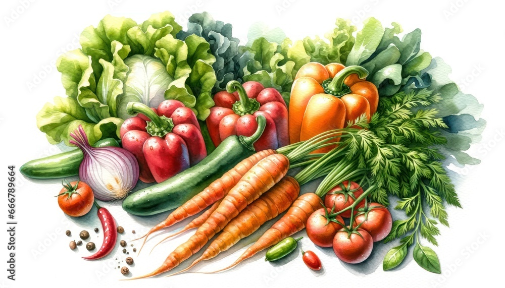 Array of fresh vegetables like carrots, bell peppers, and tomatoes scattered on a white background, illuminated by soft watercolor hues. Array of fresh vegetables like carrots, bell peppers, and tomatoes scattered on a white background, illuminated by soft watercolor hues.