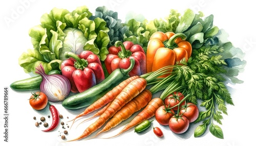 Array of fresh vegetables like carrots, bell peppers, and tomatoes scattered on a white background, illuminated by soft watercolor hues.