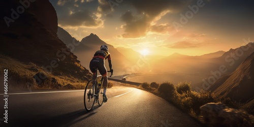 Racing Down the Mountainside: A Professional Racing Cyclist Speeds Down a Thrilling Mountain Road, Embracing the Heart-Pounding Challenge and Competitive Spirit of High-Speed Road Racing photo