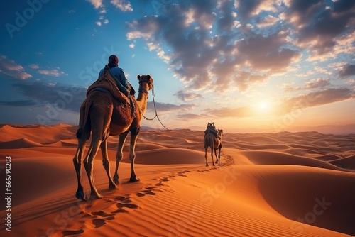 Camel caravan in a desert at sunset. Travel Concept. Background with a copy space. photo