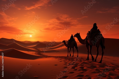 Camel caravan in the desert at sunset. Travel Concept. Background with a copy space. © John Martin