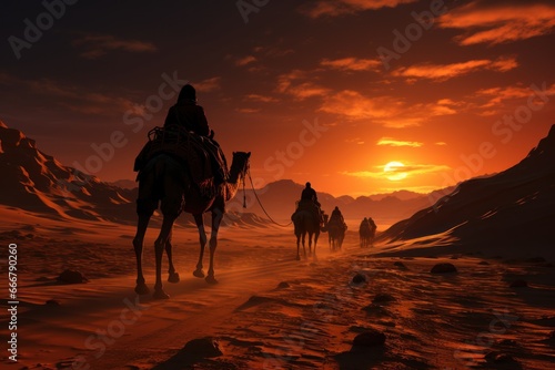 Camel caravan in a desert at sunset. Travel Concept. Background with a copy space.