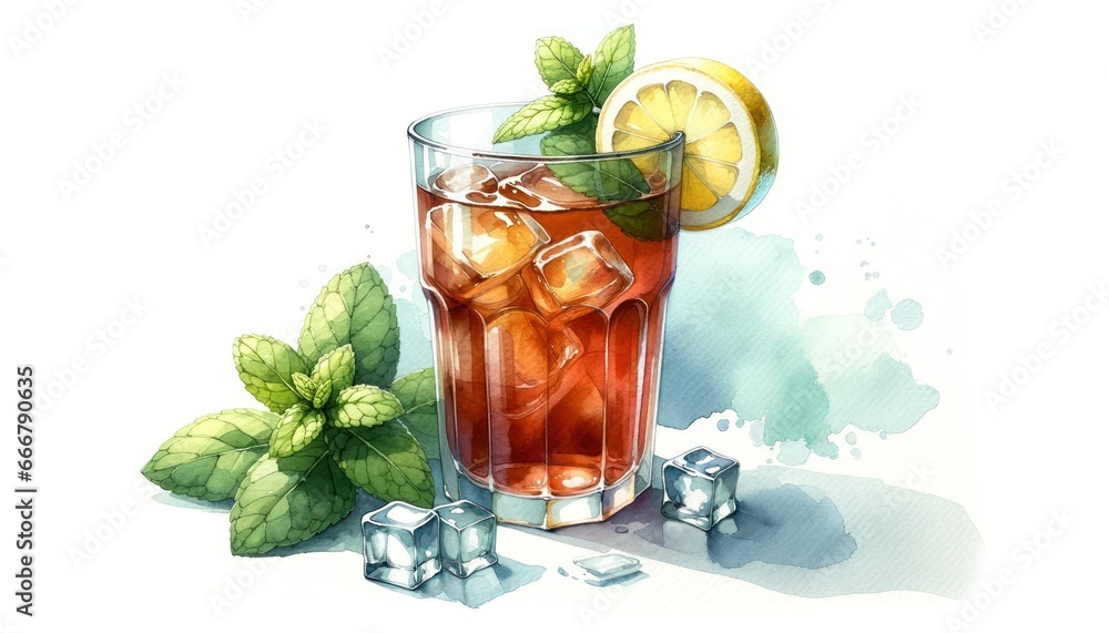 Glass of refreshing iced tea with a slice of lemon and mint leaves, placed on a white backdrop, rendered with cool shades. Glass of refreshing iced tea with a slice of lemon and mint leaves, placed on a white backdrop, rendered with cool shades.
