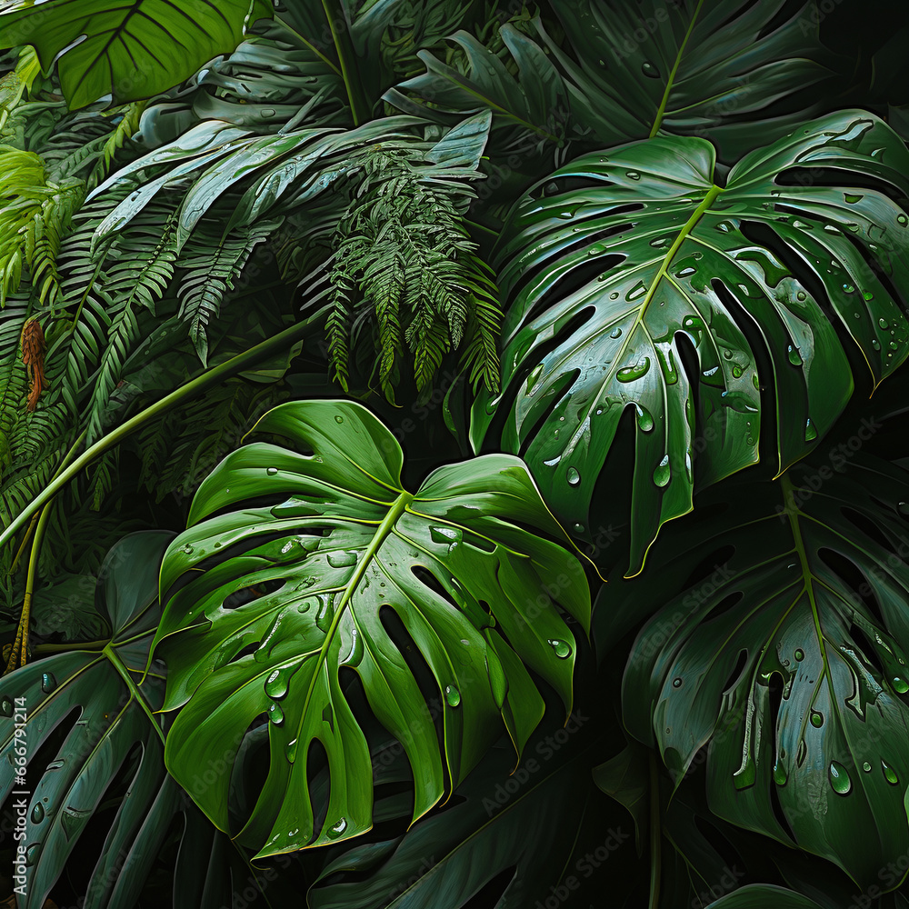 Obraz premium fresh green wet philodendron leaves filling the picture