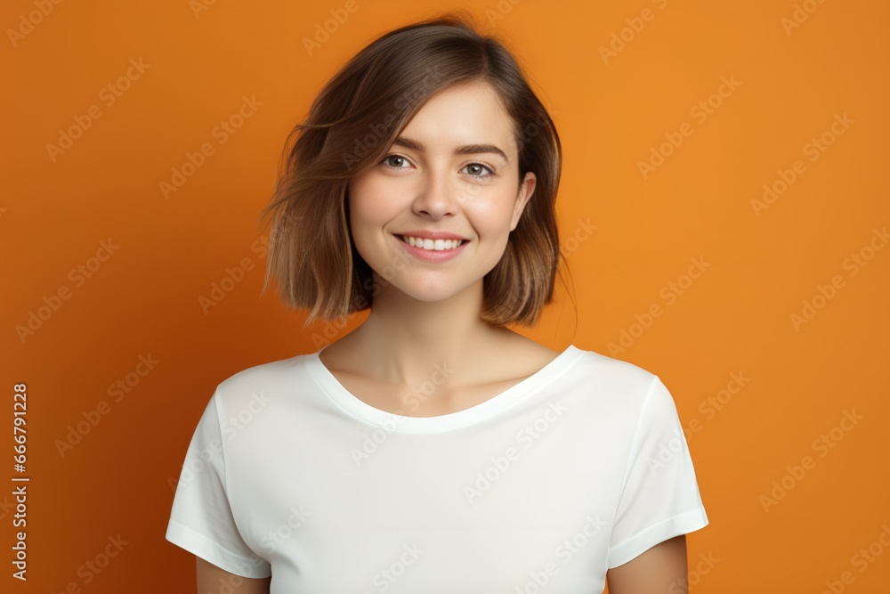 Beautiful Young Fictional Brunette Model Smiling Portrait. Isolated. Generative AI. Beautiful Young Fictional Brunette Model Smiling Portrait. Isolated. Generative AI.