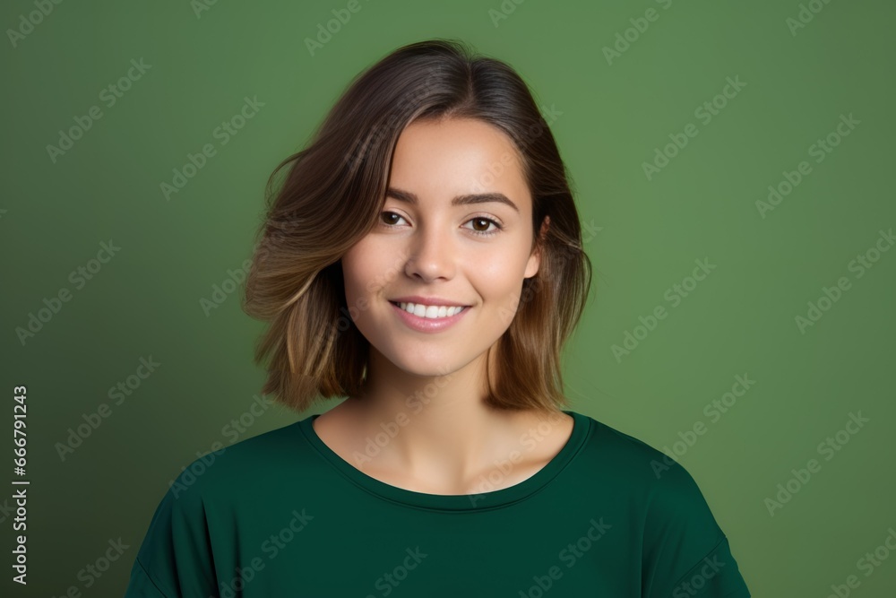 Beautiful Young Fictional Brunette Model Smiling Portrait. Isolated. Generative AI. Beautiful Young Fictional Brunette Model Smiling Portrait. Isolated. Generative AI.